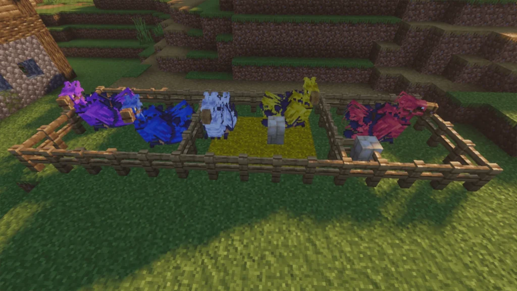 Different Chocobo color variants in Minecraft plains biome