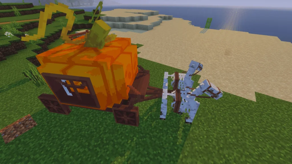 Skeleton horses attached to the Pumpkin Wagon in Minecraft